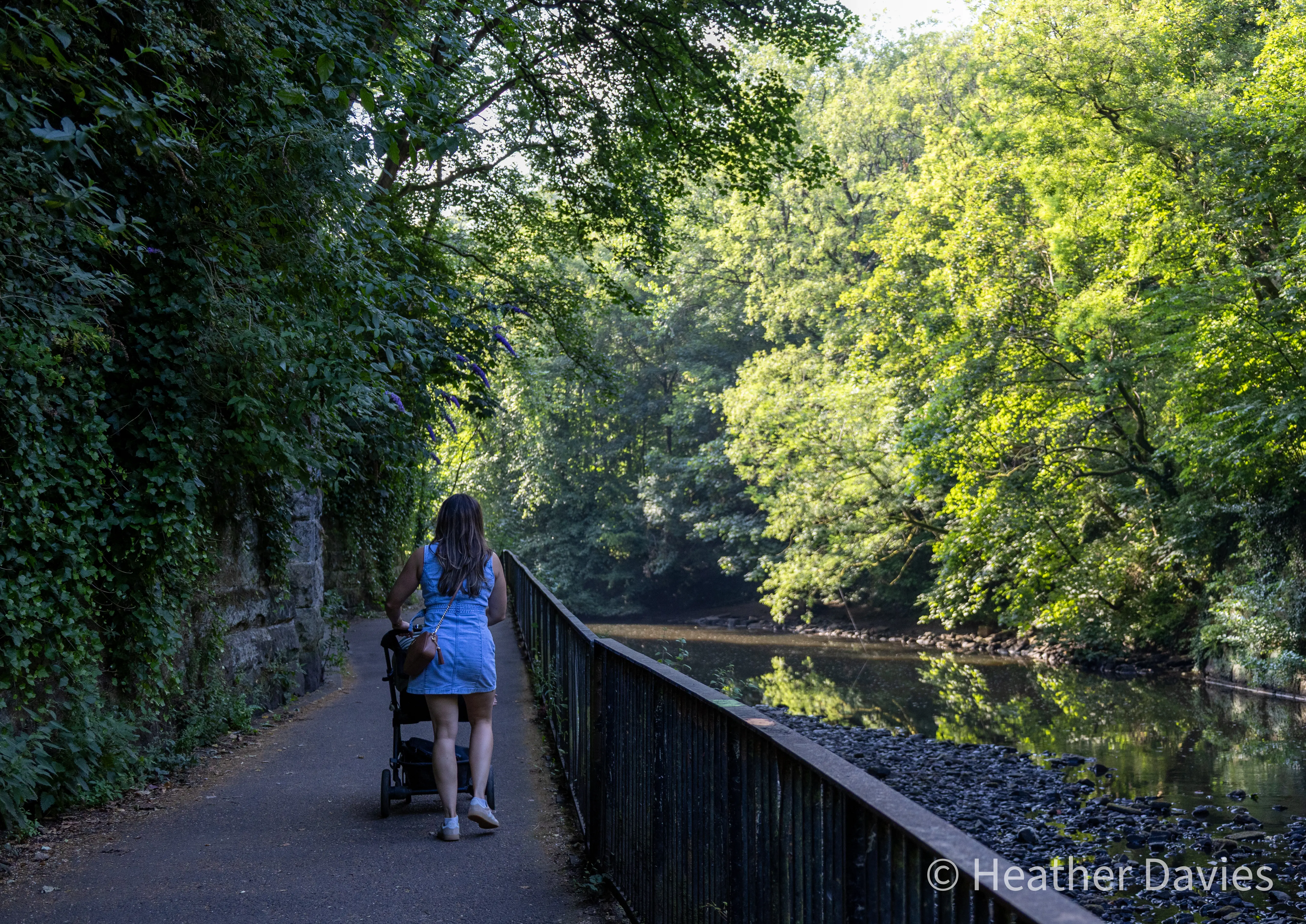 A woman pushing a pram along a tree-lined riverside path